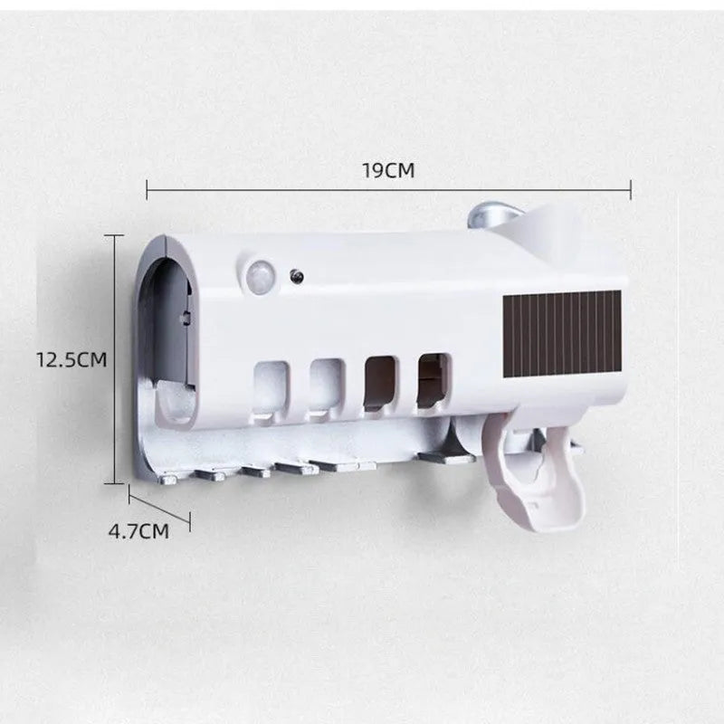 Wall-mounted UV toothbrush steriliser with automatic toothpaste dispenser in white or black