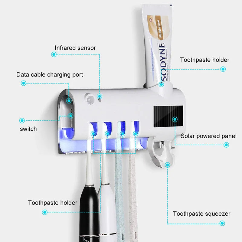 Wall-mounted UV toothbrush steriliser with automatic toothpaste dispenser in white or black