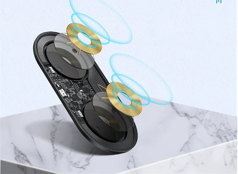 Baseus Minimalist Two-in-One Wireless Charger Pro in white charging an iPhone and AirPods case on a desk