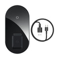 Baseus round wireless charging pad for phone and AirPods in black, on a wooden desk.