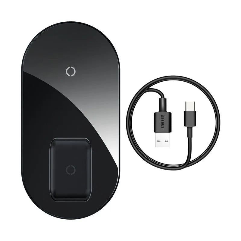 Baseus round wireless charging pad for phone and AirPods in black, on a wooden desk.