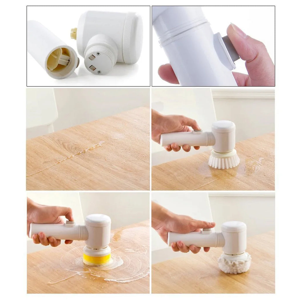 White cordless electric cleaning brush with three interchangeable nylon brush heads for bathroom and household surfaces