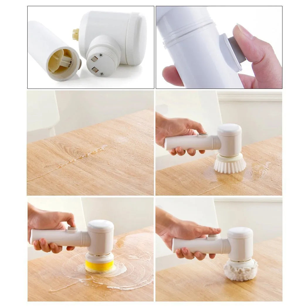 White cordless electric cleaning brush with three interchangeable nylon brush heads for bathroom and household surfaces