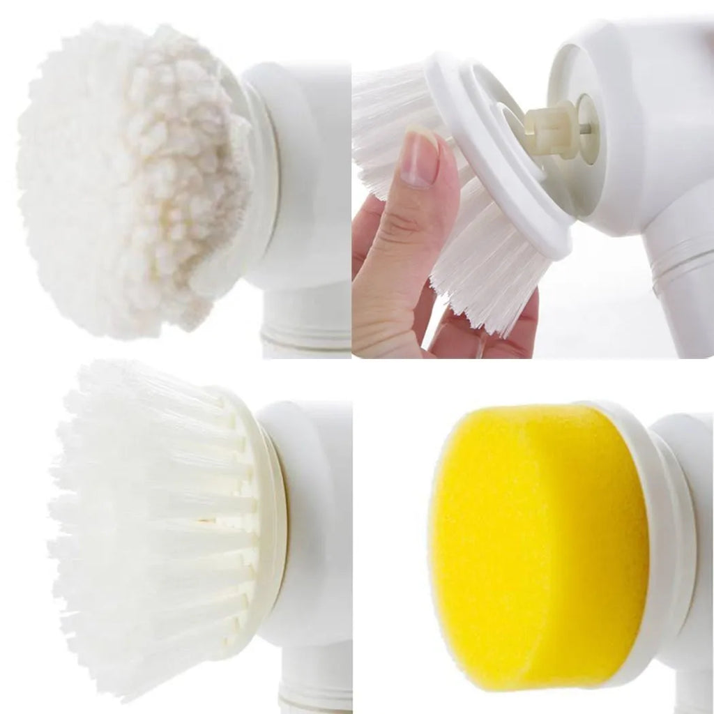 White cordless electric cleaning brush with three interchangeable nylon brush heads for bathroom and household surfaces