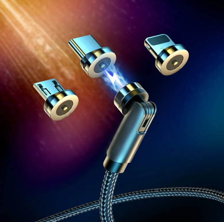 Essager black magnetic charging cable with blue LED light, showing 360-degree rotating connector.