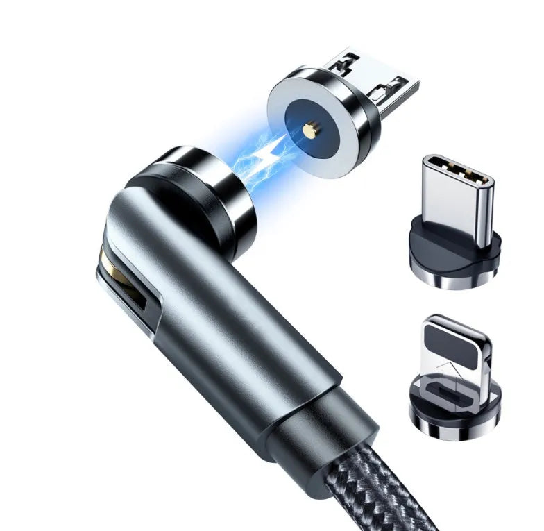 Essager black magnetic charging cable with blue LED light, showing 360-degree rotating connector.