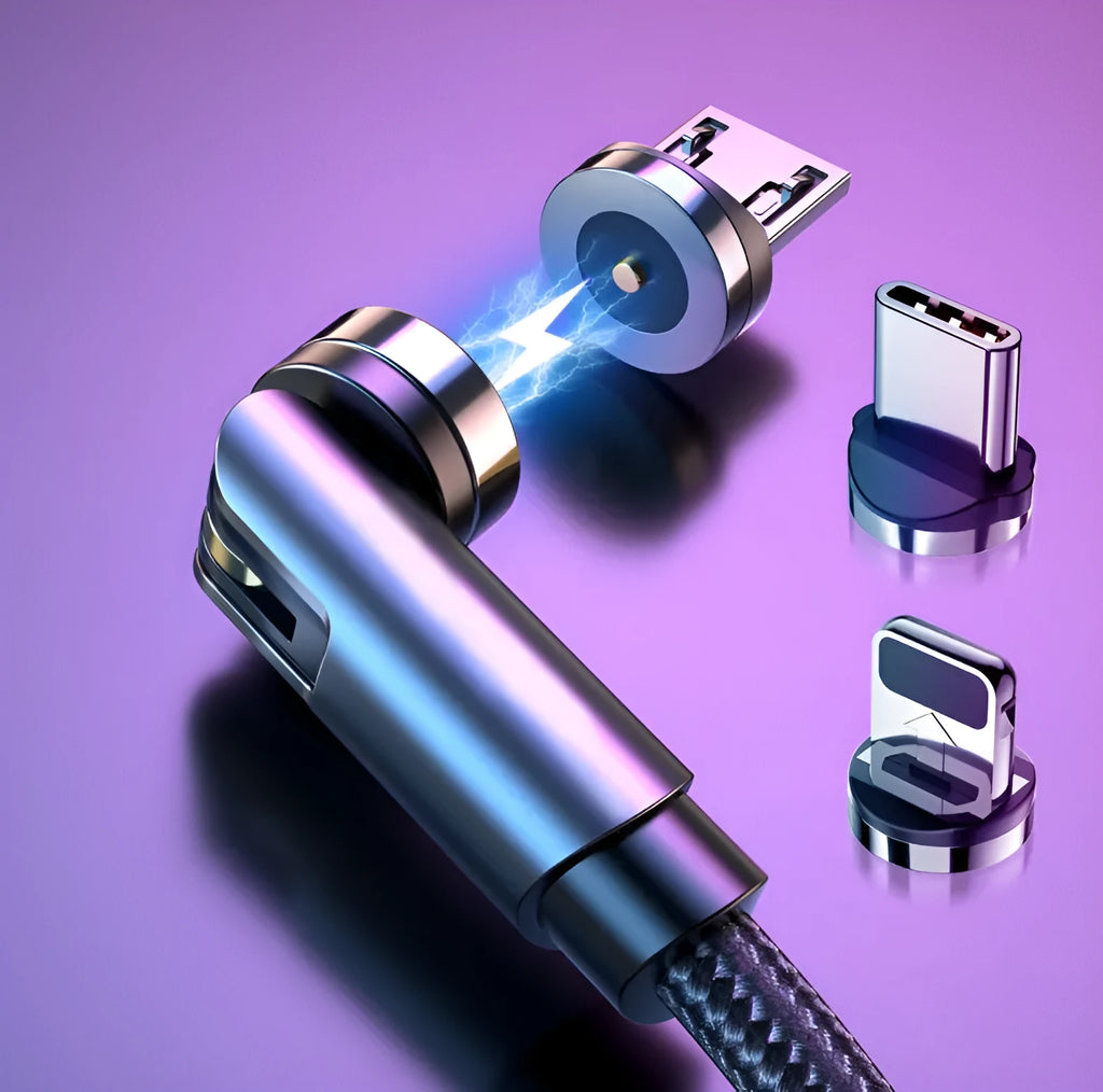 Essager black magnetic charging cable with blue LED light, showing 360-degree rotating connector.