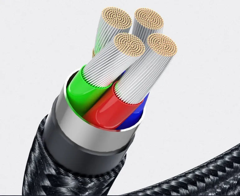 Essager black magnetic charging cable with blue LED light, showing 360-degree rotating connector.