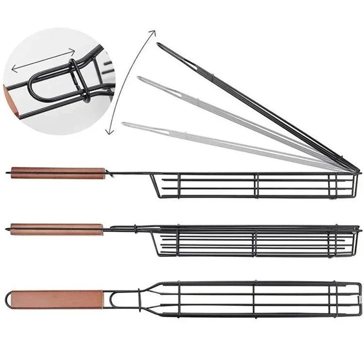 Barbecue basket with long wooden handle and iron mesh, showing rotary lid buckle.
