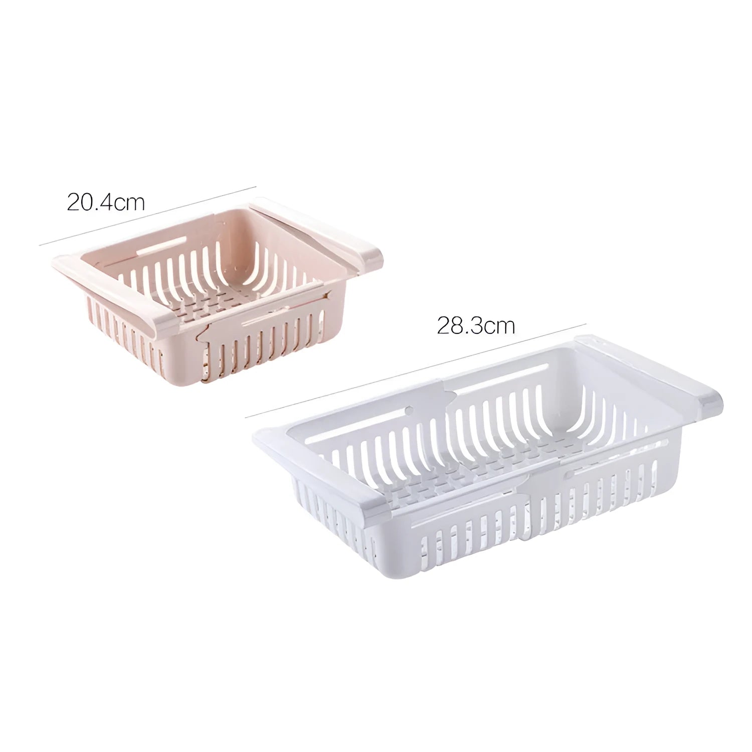 Blue telescopic plastic storage basket for refrigerator organisation with fruits and vegetables inside.