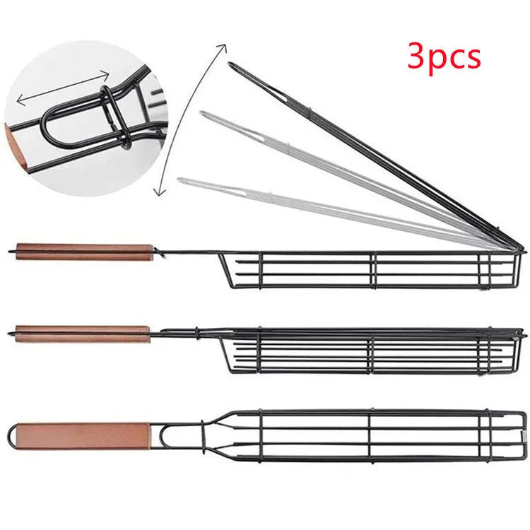 Barbecue basket with long wooden handle and iron mesh, showing rotary lid buckle.