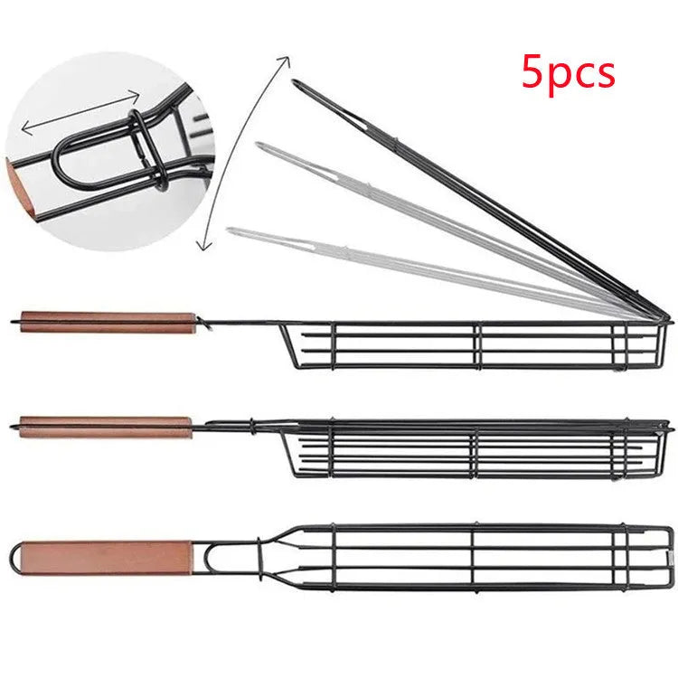 Barbecue basket with long wooden handle and iron mesh, showing rotary lid buckle.