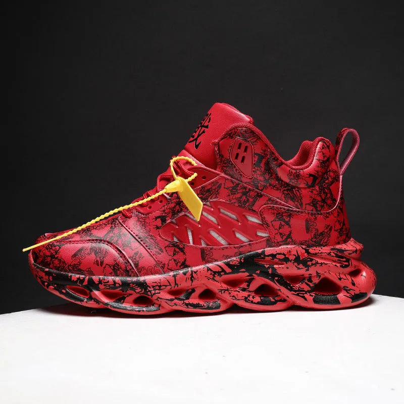 Men's black and green camouflage high-top basketball shoes on a white background.