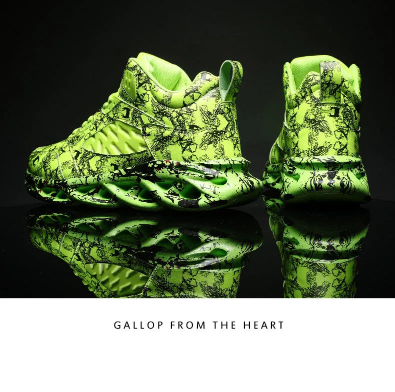 Men's black and green camouflage high-top basketball shoes on a white background.