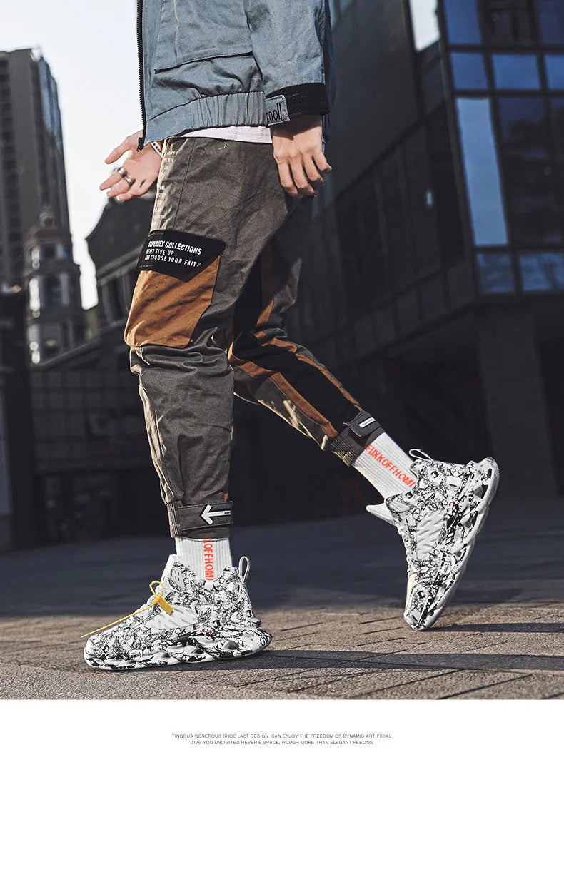 Men's black and green camouflage high-top basketball shoes on a white background.