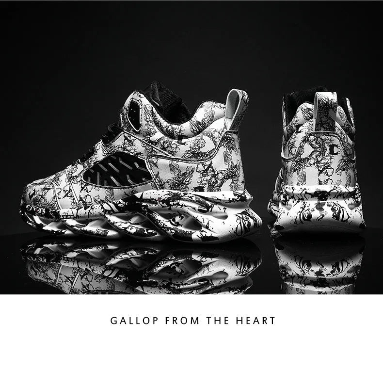 Men's black and green camouflage high-top basketball shoes on a white background.