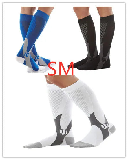 Unisex graduated compression socks in various colours with size measurement details