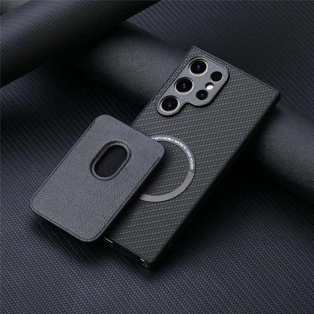 Leather phone case with built-in suction Magsafe card holder for Samsung, available in black, green, and brown.