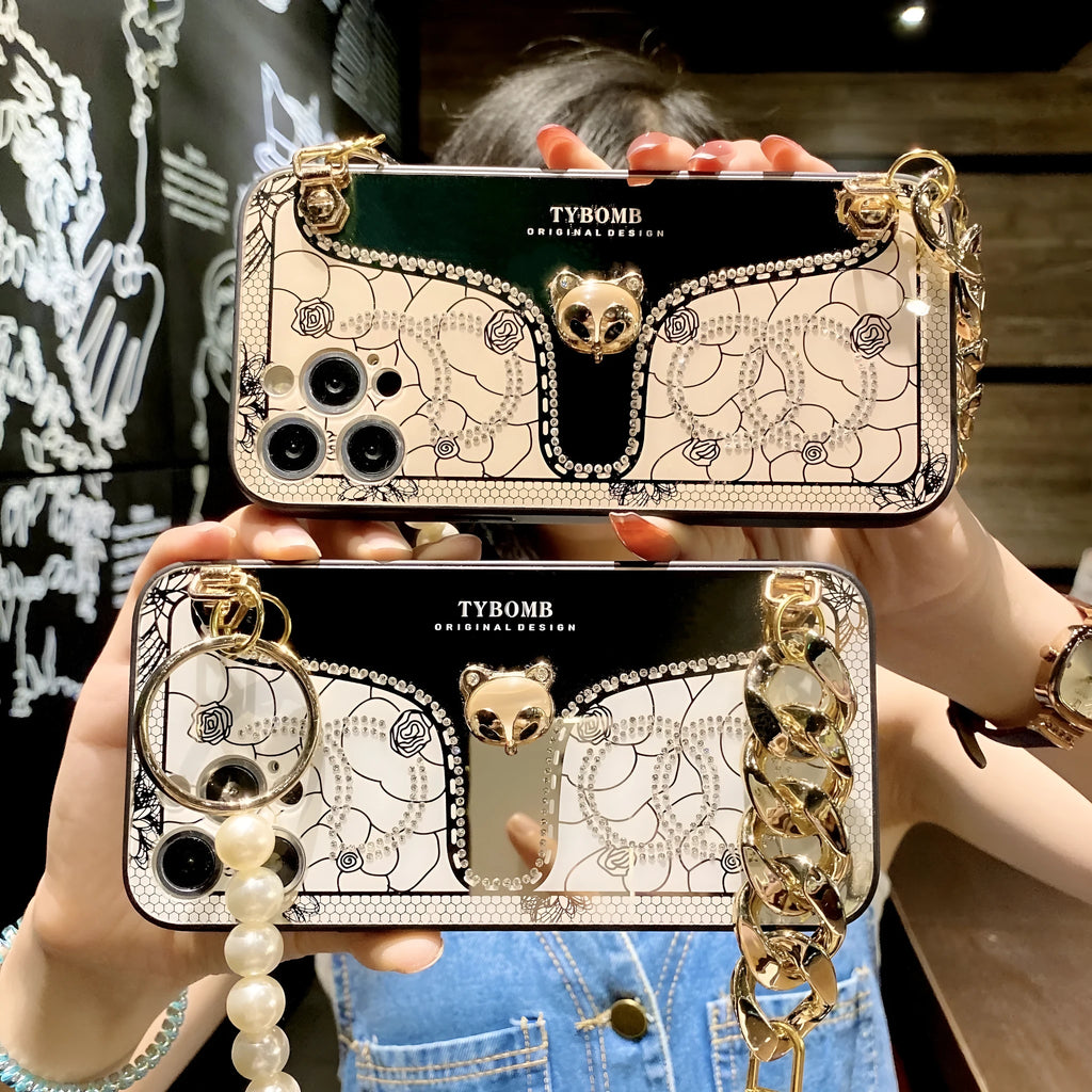Chain charming fox mirror mobile phone case with diamond decoration in white colour for iPhone