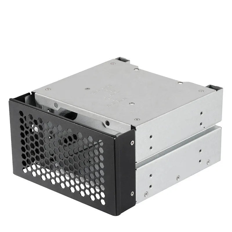 Transparent plastic hard drive cage converting a 5.25 inch optical bay for a 3.5 inch hard drive