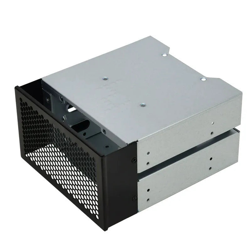 Transparent plastic hard drive cage converting a 5.25 inch optical bay for a 3.5 inch hard drive