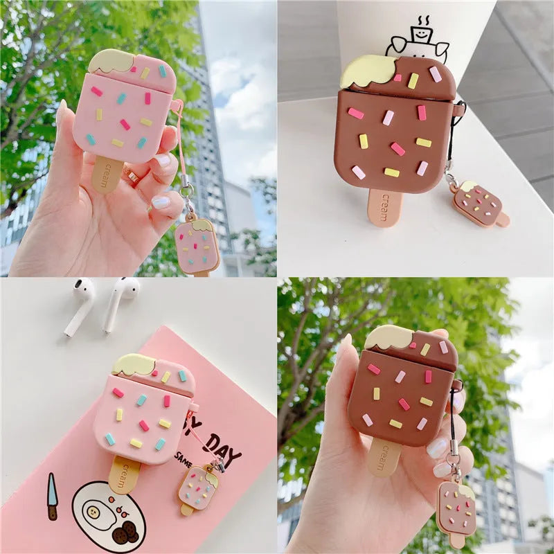 Pink and brown cartoon ice cream silicone flip case cover for Apple AirPods with decorative pendant