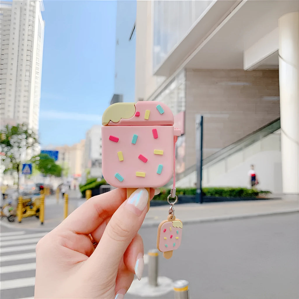 Pink and brown cartoon ice cream silicone flip case cover for Apple AirPods with decorative pendant