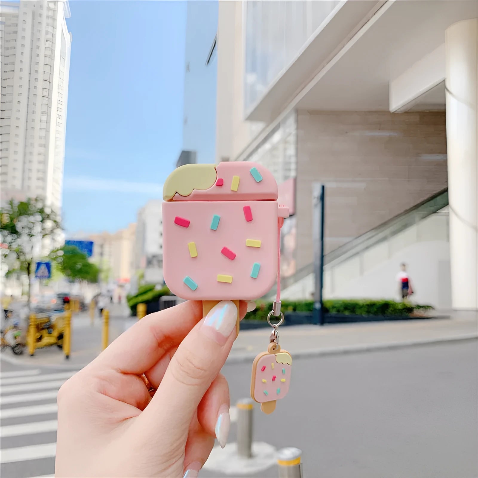 Pink and brown cartoon ice cream silicone flip case cover for Apple AirPods with decorative pendant
