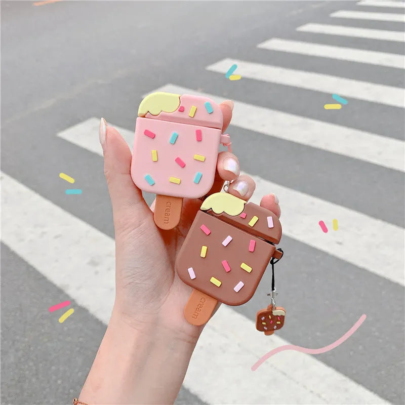 Pink and brown cartoon ice cream silicone flip case cover for Apple AirPods with decorative pendant