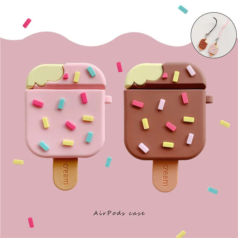 Pink and brown cartoon ice cream silicone flip case cover for Apple AirPods with decorative pendant