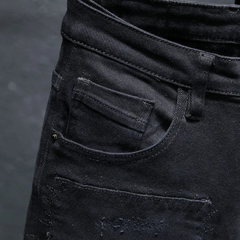 Men's black ripped stretch jeans straight leg casual denim with distressed details front view
