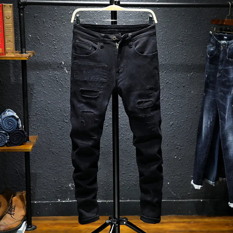 Men's black ripped stretch jeans straight leg casual denim with distressed details front view