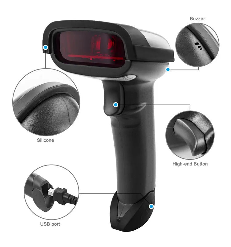 Black wireless handheld laser barcode scanner with USB connector for computer connectivity