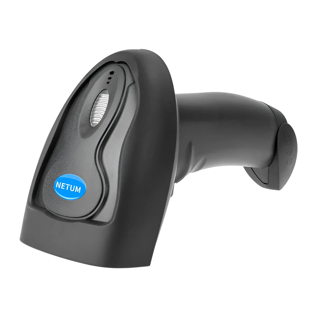 Black wireless handheld laser barcode scanner with USB connector for computer connectivity