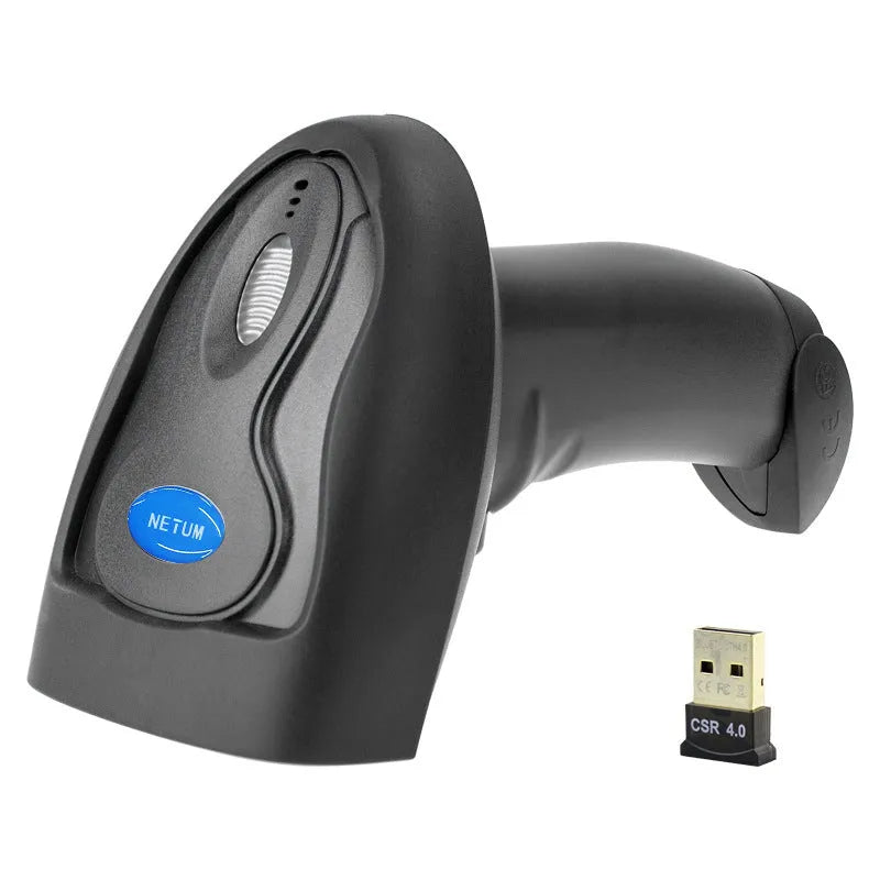Black wireless handheld laser barcode scanner with USB connector for computer connectivity