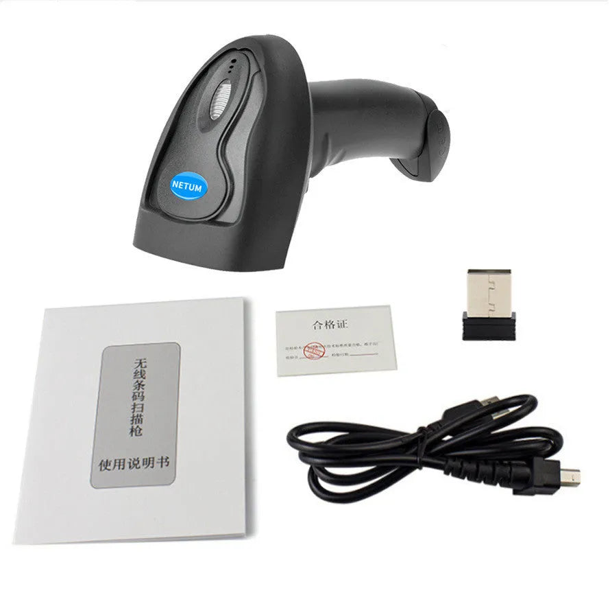 Black wireless handheld laser barcode scanner with USB connector for computer connectivity
