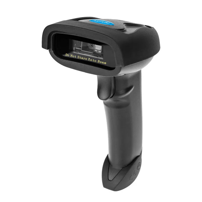 Black wireless handheld laser barcode scanner with USB connector for computer connectivity