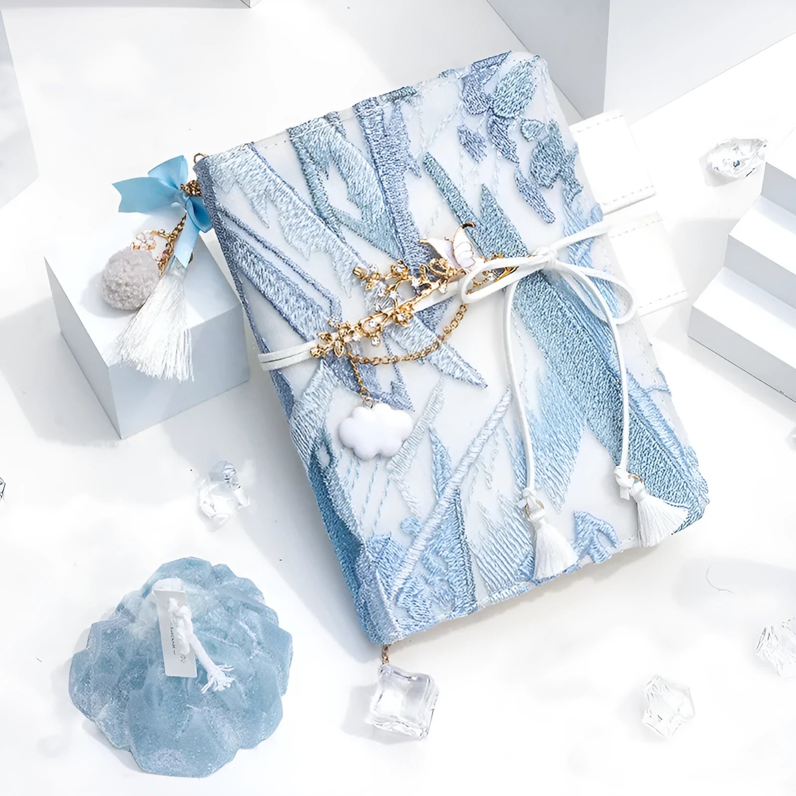 Glacier embroidery design fabric notebook in A6 and A5 sizes with grid pages.