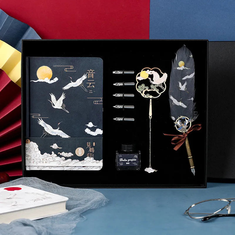 Calligraphy dip pen set with stainless steel nib crane feather head in gift box