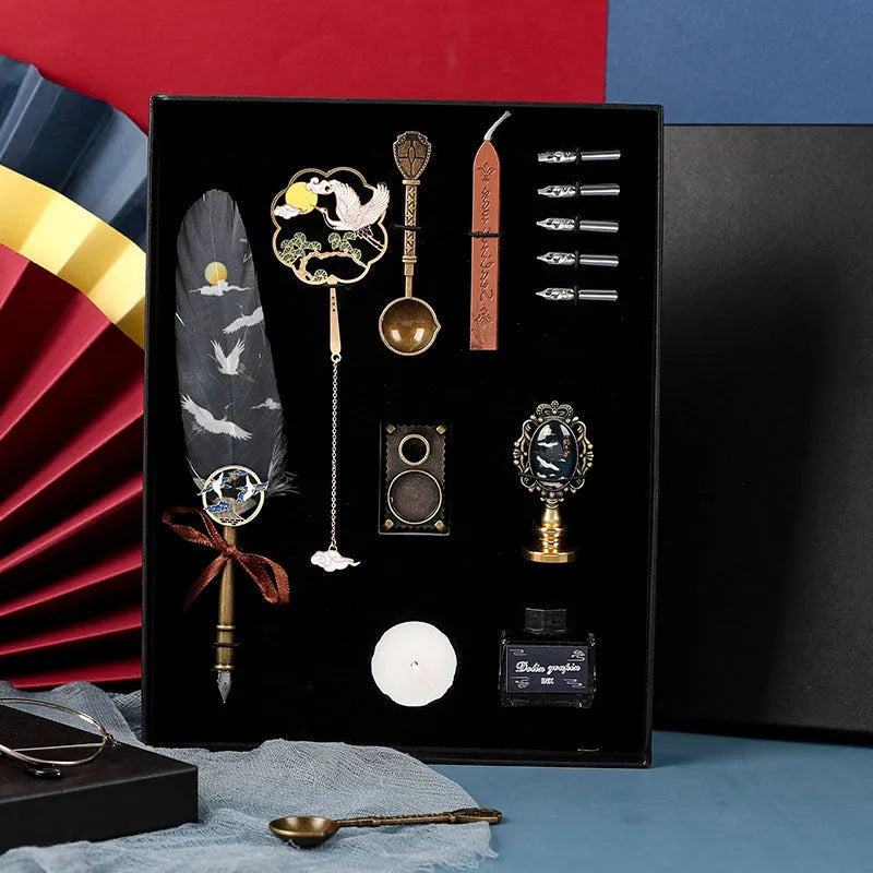 Calligraphy dip pen set with stainless steel nib crane feather head in gift box
