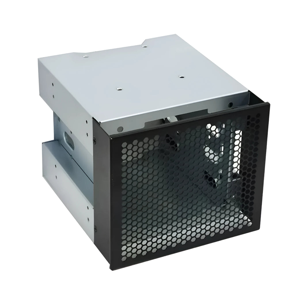 Transparent plastic hard drive cage converting a 5.25 inch optical bay for a 3.5 inch hard drive