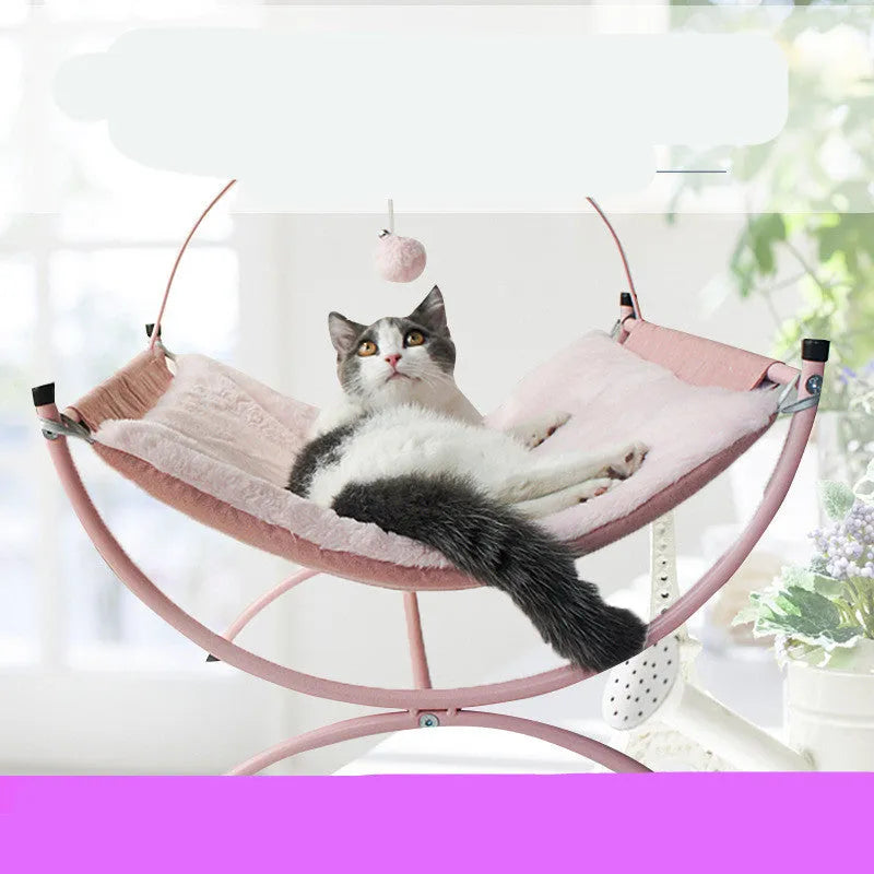 Four Seasons universal cat recliner bed in metal cloth, 45x45x35cm, pink colour, with a cat sitting inside