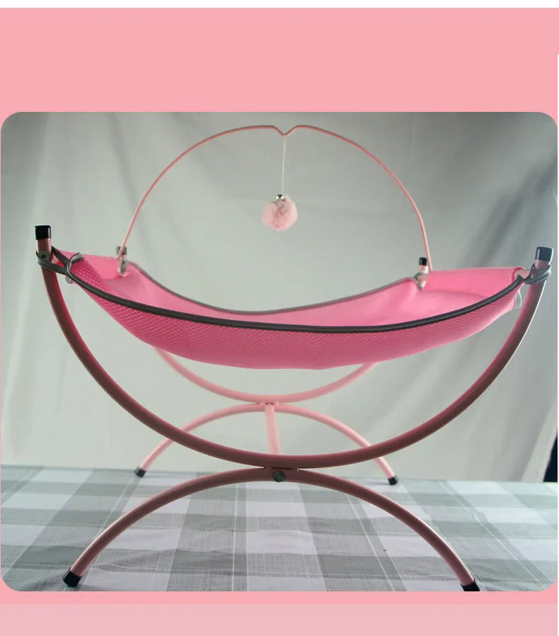 Four Seasons universal cat recliner bed in metal cloth, 45x45x35cm, pink colour, with a cat sitting inside