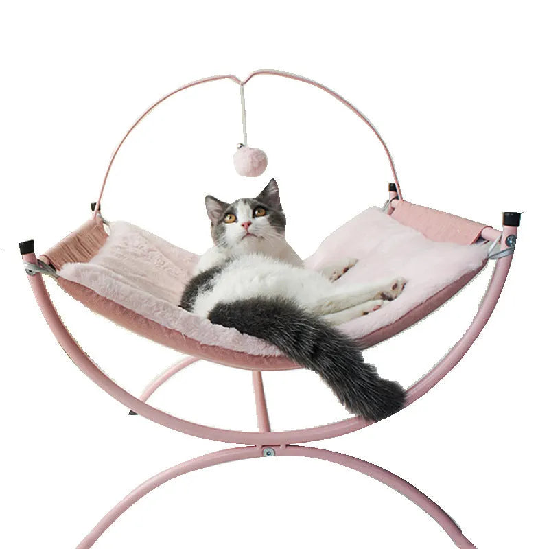 Four Seasons universal cat recliner bed in metal cloth, 45x45x35cm, pink colour, with a cat sitting inside
