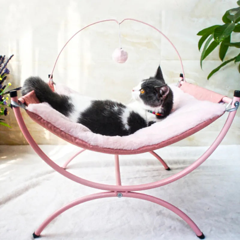 Four Seasons universal cat recliner bed in metal cloth, 45x45x35cm, pink colour, with a cat sitting inside
