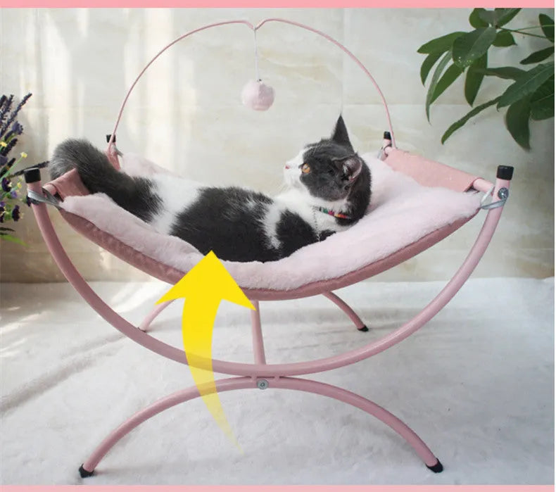 Four Seasons universal cat recliner bed in metal cloth, 45x45x35cm, pink colour, with a cat sitting inside
