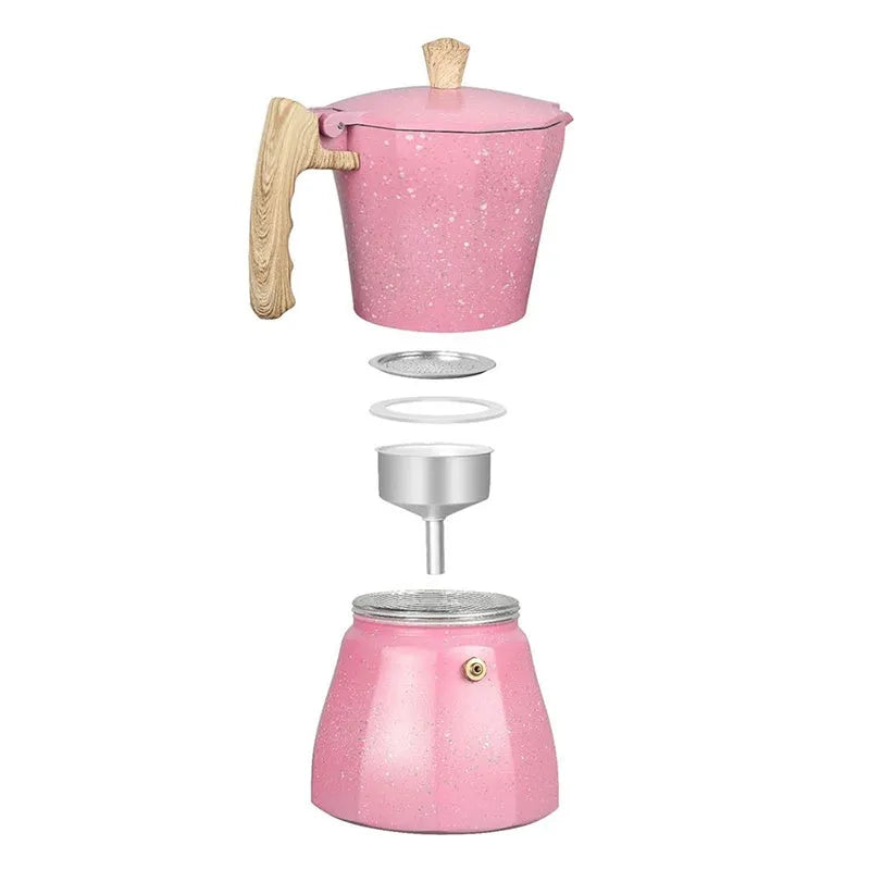 Pink aluminium Turkish coffee pot with octagonal body and 300ml capacity