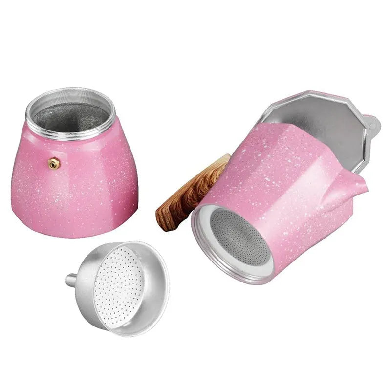 Pink aluminium Turkish coffee pot with octagonal body and 300ml capacity