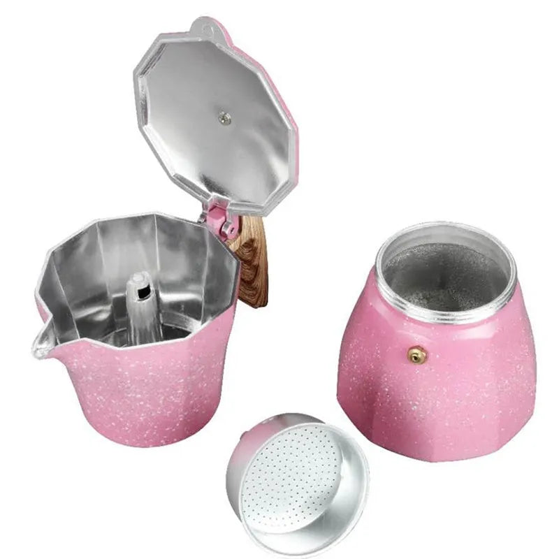 Pink aluminium Turkish coffee pot with octagonal body and 300ml capacity
