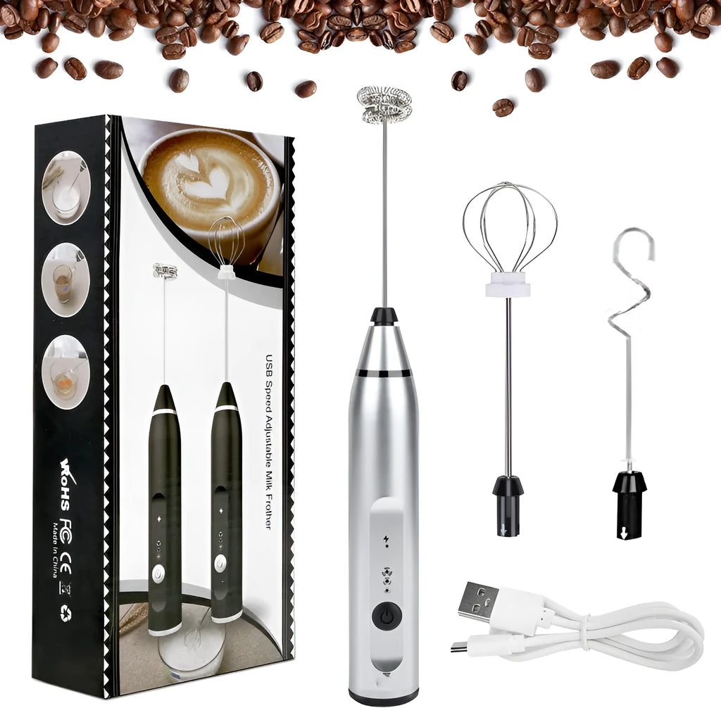 Rechargeable electric milk frother with USB cable, egg beater head, mixing head, and milk foam head in black, pink, silver, white